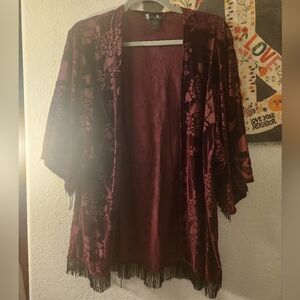 Burgundy Skull Kimono with Fringe